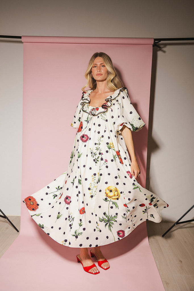 polka dot midi dress with sleeves good luck puff sleeve dress // polka dot floral *zoco exclusive*