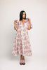 a pink floral puff sleeve dress with a ruffle neckline. the perfect vintage-inspired dress for baby showers, family pictures, + special occasions.

