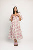 a pink floral puff sleeve dress with a ruffle neckline. the perfect vintage-inspired dress for baby showers, family pictures, + special occasions.
