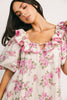 a pink floral puff sleeve dress with a ruffle neckline. the perfect vintage-inspired dress for baby showers, family pictures, + special occasions.

