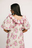 a pink floral puff sleeve dress with a ruffle neckline. the perfect vintage-inspired dress for baby showers, family pictures, + special occasions.

