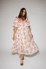 a pink floral puff sleeve dress with a ruffle neckline. the perfect vintage-inspired dress for baby showers, family pictures, + special occasions.
