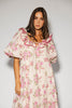 a pink floral puff sleeve dress with a ruffle neckline. the perfect vintage-inspired dress for baby showers, family pictures, + special occasions.
