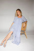 zoco daymaker dress: puff sleeve polka dot dress with an elastic neckline. the perfect blue and yellow polka dot dress for weddings, baby showers, + family pictures.

