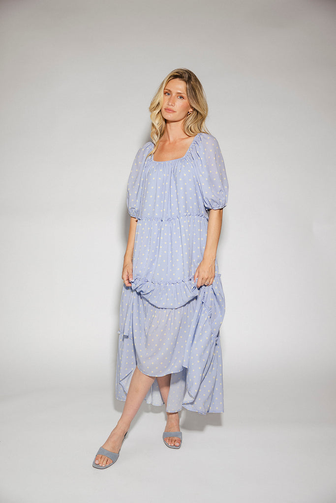 zoco daymaker dress: puff sleeve polka dot dress with an elastic neckline. the perfect blue and yellow polka dot dress for weddings, baby showers, + family pictures.
