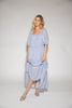 zoco daymaker dress: puff sleeve polka dot dress with an elastic neckline. the perfect blue and yellow polka dot dress for weddings, baby showers, + family pictures.
