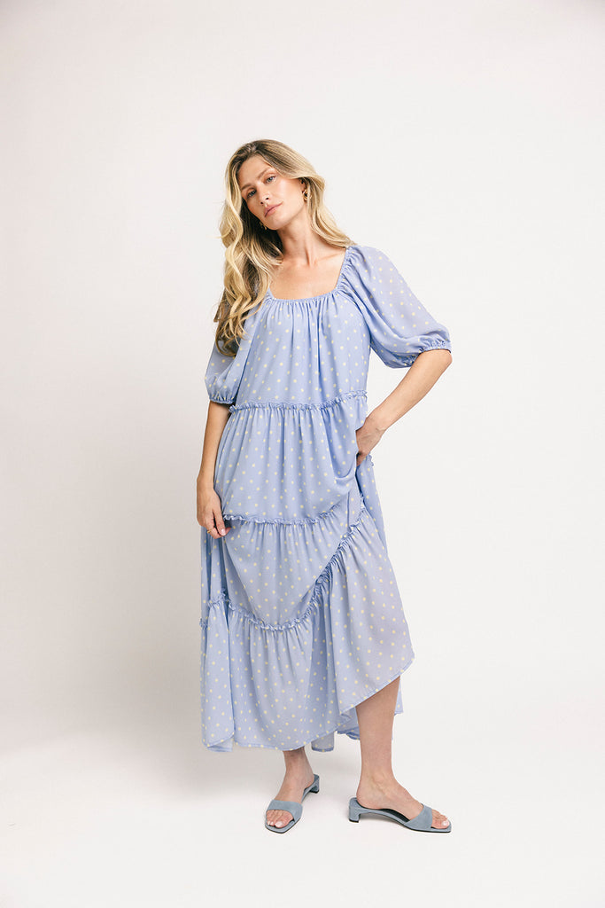 zoco daymaker dress: puff sleeve polka dot dress with an elastic neckline. the perfect blue and yellow polka dot dress for weddings, baby showers, + family pictures.
