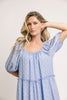 zoco daymaker dress: puff sleeve polka dot dress with an elastic neckline. the perfect blue and yellow polka dot dress for weddings, baby showers, + family pictures.
