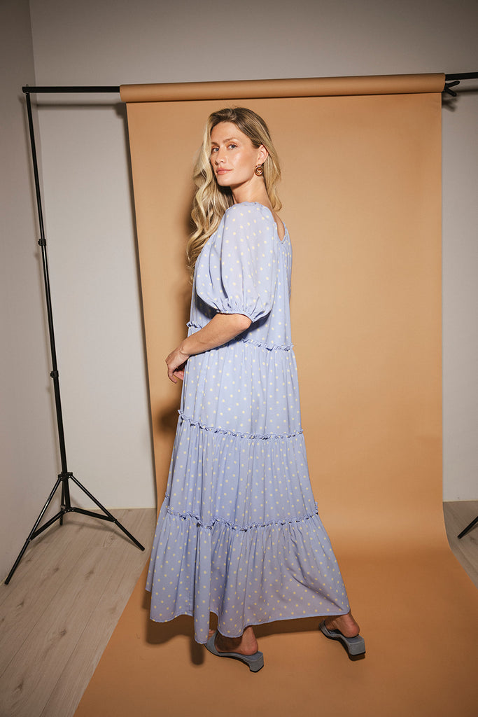 zoco daymaker dress: puff sleeve polka dot dress with an elastic neckline. the perfect blue and yellow polka dot dress for weddings, baby showers, + family pictures.
