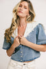 a short sleeve denim top with an oversized lace collar + a cropped silhouette. the perfect button up denim top to dress up or down for any outfit idea.
