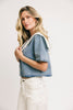 a short sleeve denim top with an oversized lace collar + a cropped silhouette. the perfect button up denim top to dress up or down for any outfit idea.
