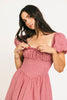 vintage-inspired puff sleeve dress with a square neckline. the perfect red gingham puff sleeve dress for rodeos, family pictures,+ semi-casual occasions.

