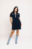 a short sleeve knit mini dress with a ruffled collar + bow detail. the perfect navy knit dress for date nights, family pictures, + everyday wear.
