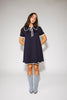 a short sleeve knit mini dress with a ruffled collar + bow detail. the perfect navy knit dress for date nights, family pictures, + everyday wear.
