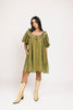 a green floral puff sleeve mini dress with a ruffle neckline. the perfect vintage-inspired dress for baby showers, family pictures, + special occasions. 
