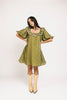 a green floral puff sleeve mini dress with a ruffle neckline. the perfect vintage-inspired dress for baby showers, family pictures, + special occasions. 
