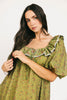 a green floral puff sleeve mini dress with a ruffle neckline. the perfect vintage-inspired dress for baby showers, family pictures, + special occasions. 
