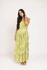 a flowy v-waist green dress with a sleek scoop neckline + subtle floral print. the perfect vintage-inspired maxi dress for weddings, bridal showers, + garden parties.

