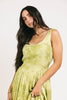 a flowy v-waist green dress with a sleek scoop neckline + subtle floral print. the perfect vintage-inspired maxi dress for weddings, bridal showers, + garden parties.

