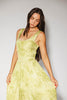 a flowy v-waist green dress with a sleek scoop neckline + subtle floral print. the perfect vintage-inspired maxi dress for weddings, bridal showers, + garden parties.
