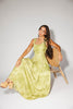 a flowy v-waist green dress with a sleek scoop neckline + subtle floral print. the perfect vintage-inspired maxi dress for weddings, bridal showers, + garden parties.
