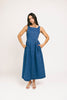 a vintage-inspired denim dress with a boat neckline + a v-shaped waistline. the perfect denim midi dress for family pictures, brunch dates, + special occasions. 
