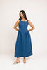 a vintage-inspired denim dress with a boat neckline + a v-shaped waistline. the perfect denim midi dress for family pictures, brunch dates, + special occasions. 

