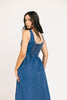 a vintage-inspired denim dress with a boat neckline + a v-shaped waistline. the perfect denim midi dress for family pictures, brunch dates, + special occasions. 
