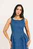 a vintage-inspired denim dress with a boat neckline + a v-shaped waistline. the perfect denim midi dress for family pictures, brunch dates, + special occasions. 
