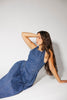 a vintage-inspired denim dress with a boat neckline + a v-shaped waistline. the perfect denim midi dress for family pictures, brunch dates, + special occasions. 
