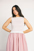 a-line pink midi dress with a striped knit vest detail. the perfect casual dress for baby showers, brunch dates, + family pictures.
