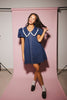a puff sleeve denim dress with a lace trimmed collar detail. the perfect denim mini dress for date nights, family pictures, + everyday wear.
