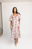 a pink floral puff sleeve dress with a ruffle neckline. the perfect vintage-inspired dress for baby showers, family pictures, + special occasions.
