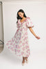 a pink floral puff sleeve dress with a ruffle neckline. the perfect vintage-inspired dress for baby showers, family pictures, + special occasions.
