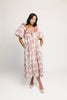 a pink floral puff sleeve dress with a ruffle neckline. the perfect vintage-inspired dress for baby showers, family pictures, + special occasions.
