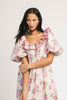 a pink floral puff sleeve dress with a ruffle neckline. the perfect vintage-inspired dress for baby showers, family pictures, + special occasions.
