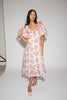 a pink floral puff sleeve dress with a ruffle neckline. the perfect vintage-inspired dress for baby showers, family pictures, + special occasions.
