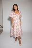a pink floral puff sleeve dress with a ruffle neckline. the perfect vintage-inspired dress for baby showers, family pictures, + special occasions.
