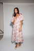 a pink floral puff sleeve dress with a ruffle neckline. the perfect vintage-inspired dress for baby showers, family pictures, + special occasions.
