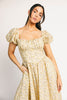 vintage-inspired puff sleeve dress with a muted yellow floral pattern. the perfect puff sleeve midi dress for weddings, bridal showers, + semi-formal events.