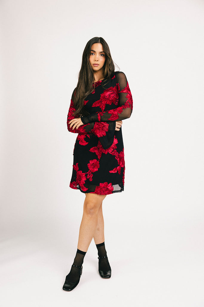 cleo mesh mini dress // red floral *zoco exclusive*