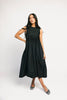 a sleeveless black midi dress with pleated details. the perfect cotton tank dress for weddings, baby showers, brunch dates, + casual outings. 
