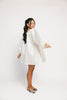 a white satin mini dress with a vintage-inspired silhouette + long balloon sleeves. the perfect little white dress for graduations, bridal showers, + fancy dinner dates.
