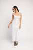 a white satin midi dress with lace detailing + a fitted silhouette. the perfect short sleeve occasion dress for weddings, bridal showers, + dinner parties.
