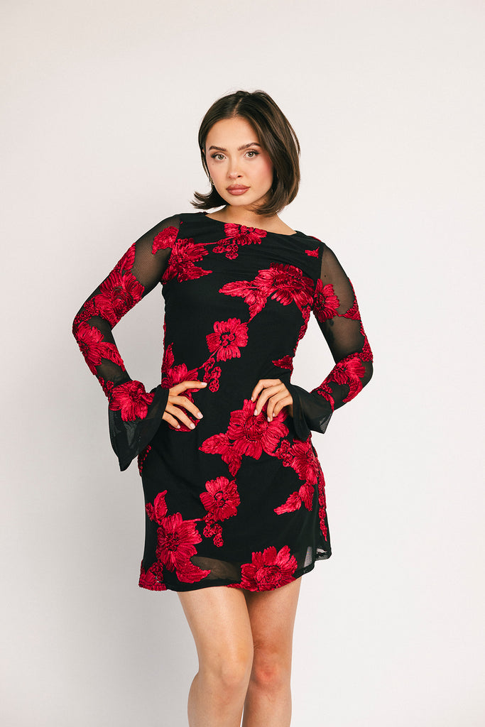 cleo mesh mini dress // red floral *zoco exclusive*