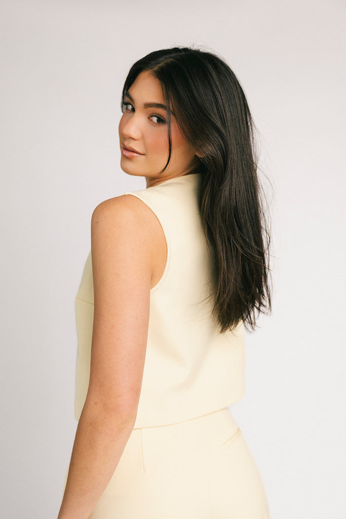 butter yellow pant set with a cropped button up tank + high waisted trousers. the perfect elevated set for the office + everyday wear. 
