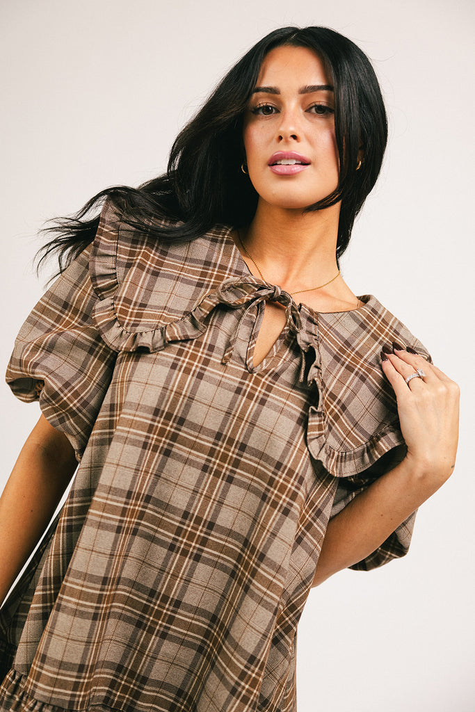 beatrice plaid dress // light brown