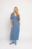 a blue polka dot maxi dress with flutter sleeves + a front tie detail. the perfect short sleeve polka dot dress for brunch dates, baby showers, + semi-formal occasions.
