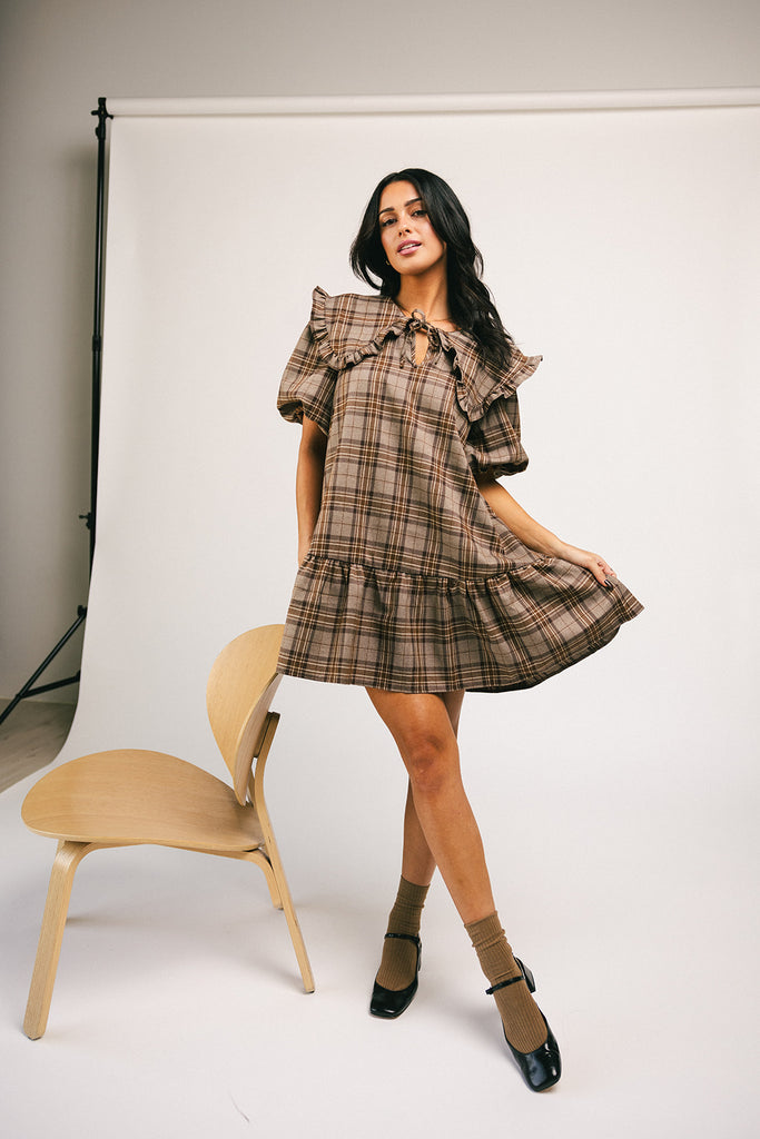 beatrice plaid dress // light brown