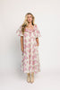 a pink floral puff sleeve dress with a ruffle neckline. the perfect vintage-inspired dress for baby showers, family pictures, + special occasions.
